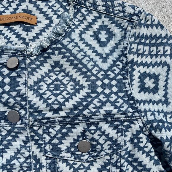 Rebecca Minkoff Aztec Bleach Print Denim Jacket Frayed Collar SAMPLE SHOW - Picture 2 of 14